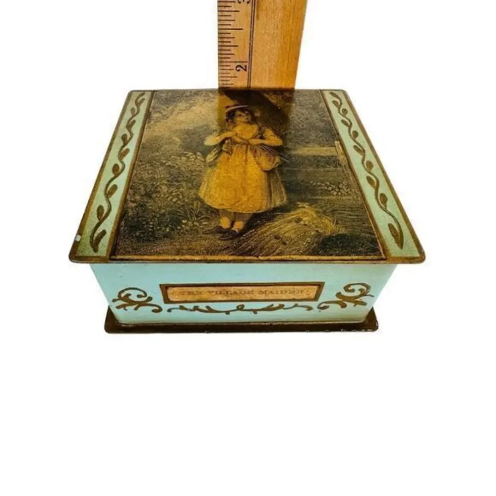 Vintage Hinged Metal Trinket Jewelry Box Blue/Green With Gold Trim  3.75